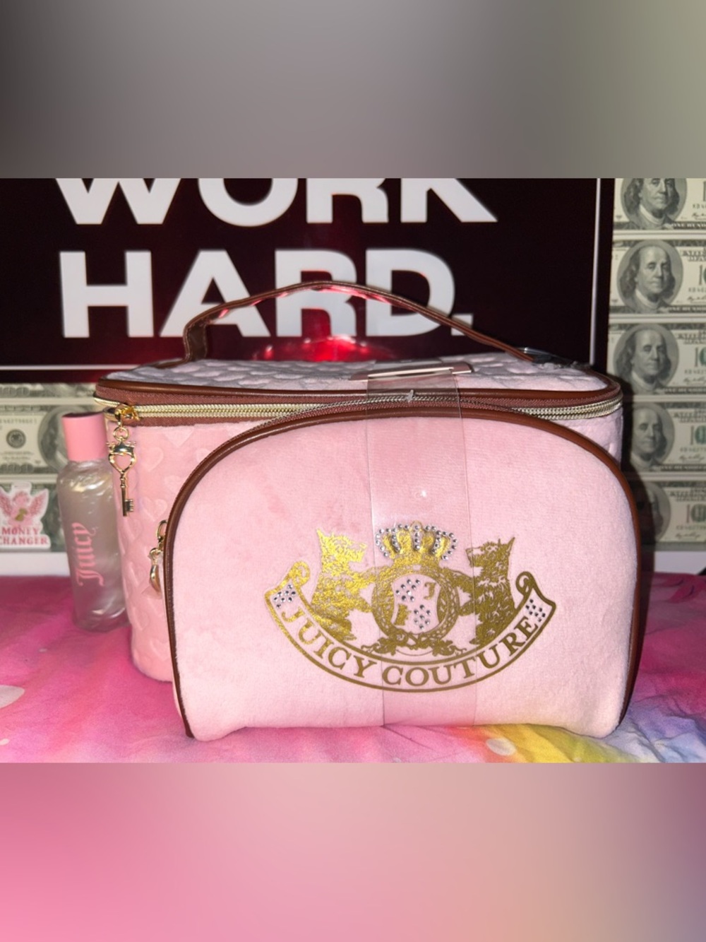 Juicy Couture Pink Quilted Cosmetic Travel Case with small size bag Brown Trim